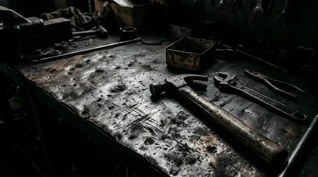 Hammer and wrenches on a dark weathered metal workbench in a workshop