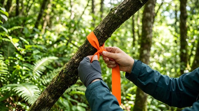 Hiker tying orange ribbon marker on a tree in the forest for trail navigation