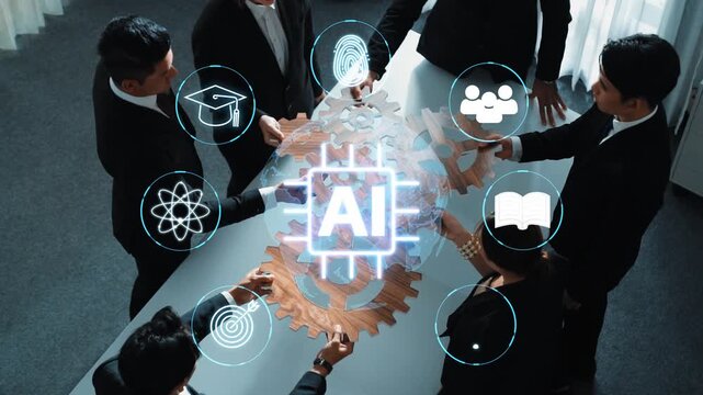Collaborative Business Meeting Showcasing AI Technology with Gears and Diverse Professionals Engaged in Innovative Solutions. Entropy.