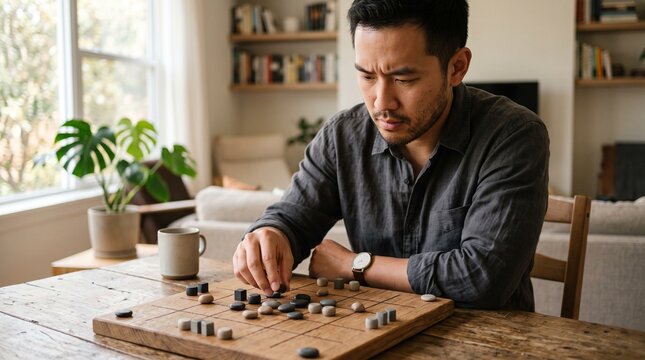 Man playing a strategy board game at a wooden table in a cozy living room setting