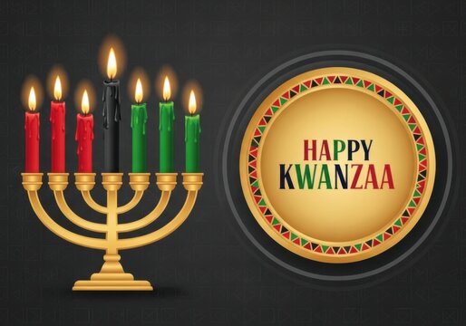 Kwanzaa kinara with seven lit candles and festive circular sign