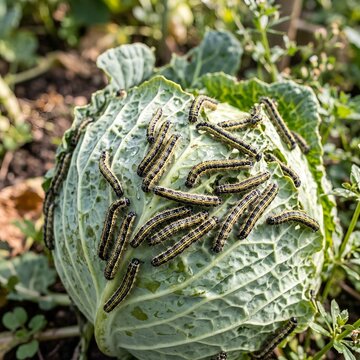 Cluster of Caterpillars Crawling and Feeding on a Fresh Head of Green Cabbage