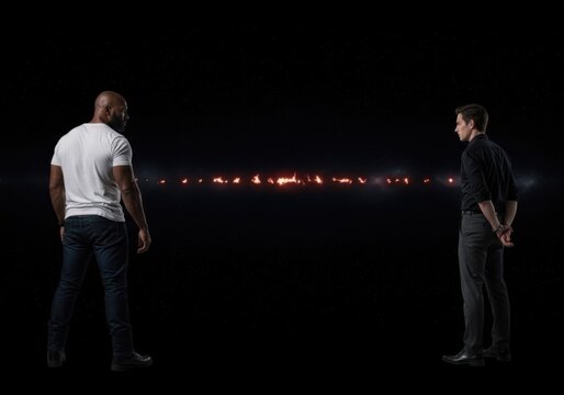 Two men standing facing each other in deep space
