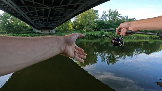 POV angler spin fishing under modern concrete bridge on a calm river. Street fishing for predatory pikeperch (Sander lucioperca).