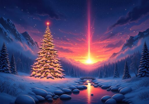 Enchanted christmas tree in a snowy mountain landscape