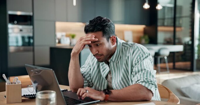 Man, stress and remote work in apartment with laptop, glitch and deadline pressure for marketing job. Worried, person or freelancer in home with computer, mistake or concern for advertising challenge