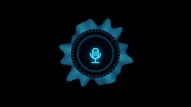 Digital blue microphone icon with circular audio waveform equalizer on black background footage.