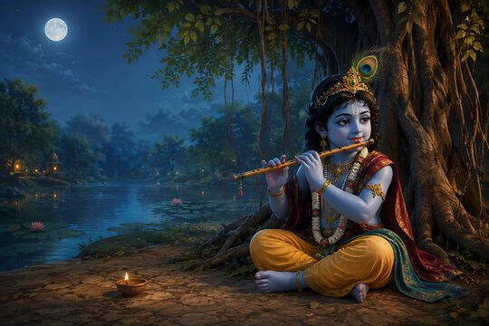 Peaceful young blue lord krishna playing wooden flute under banyan tree by calm river illuminated by full moon during festive krishna janmashtami