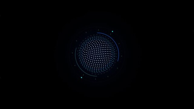 Futuristic digital globe with glowing dots and rotating rings on a dark background motion clip.