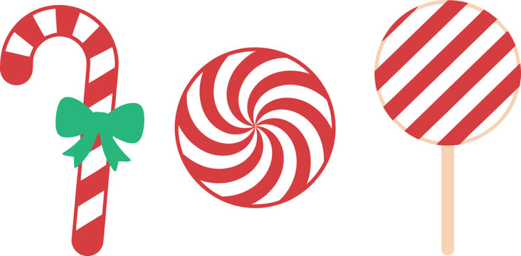 A festive collection of three classic red and white striped Christmas candy treats including a candy cane with a green bow, a swirl peppermint, and lollipop.