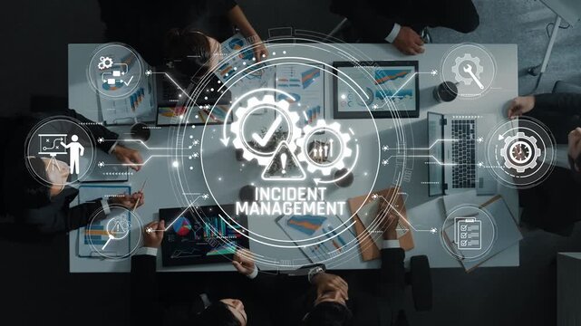 Business Team Engaged in Incident Management with Digital Interface and Graphs in Modern Office Space Sigmoid