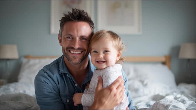 Smiling father holding his cute baby daughter while taking a selfie video on the bed