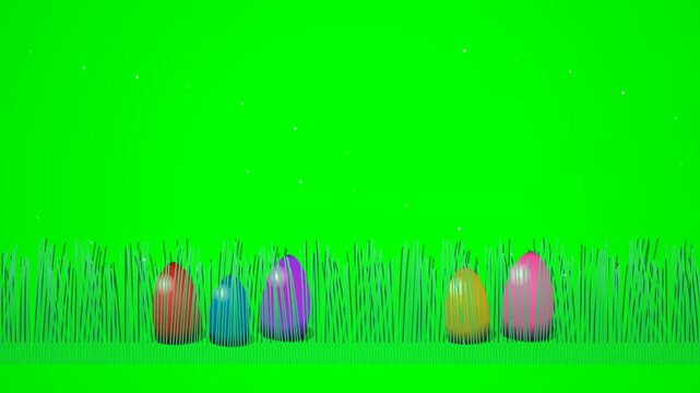 Animated colorful easter eggs hidden in green grass field with falling sparkles on chroma key green screen background for holiday.