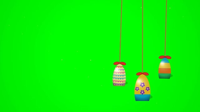 Three colorful decorative easter eggs hanging and swinging gently against vibrant green screen background for holiday seasonal greeting.
