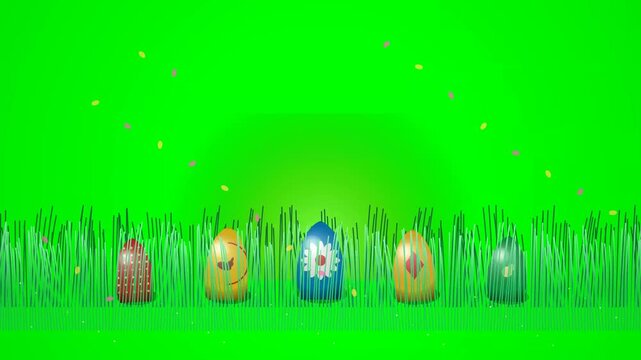Colorful easter eggs nestled in green grass with floating confetti and glowing light effects over chroma key green screen background.