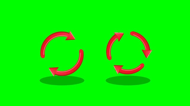 Red 3d rotation arrows spinning on green screen background for recycle loading and sync concepts in dynamic animation footage.
