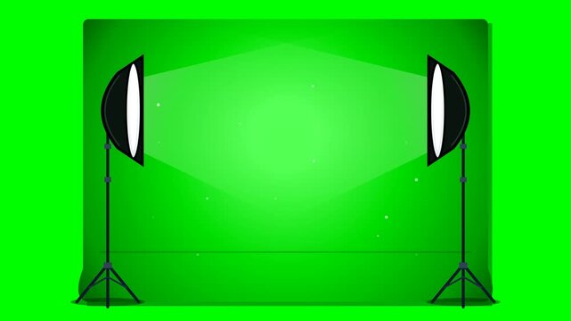 Studio lighting setup with softbox equipment shining bright light beams over chroma key green screen background for video production.