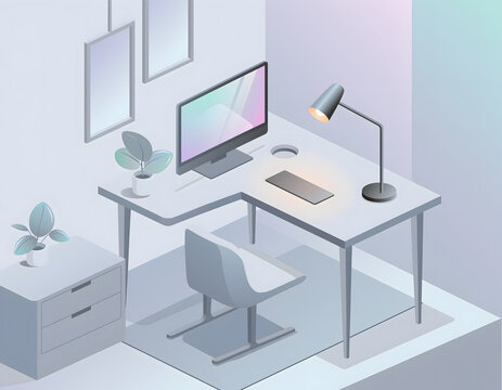 Isometric 3D workstation workspace with desktop computer, desk lamp, and chair vector illustration