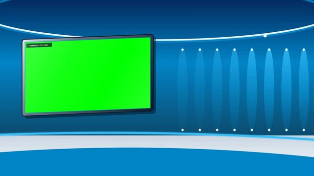 Virtual news studio broadcast backdrop featuring glowing digital monitor screen with green chroma key area for professional production.