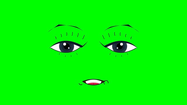Animated cartoon female face with blinking purple eyes and talking mouth movements on green screen background for video editing.