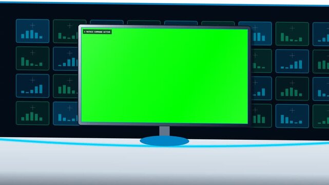 Computer monitor with green screen display placed against high tech data center background featuring animated digital chart bars.