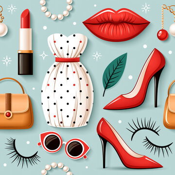 seamless pattern fashionable women's dress, lipstick, lips, glasses, high-heeled shoes, beads