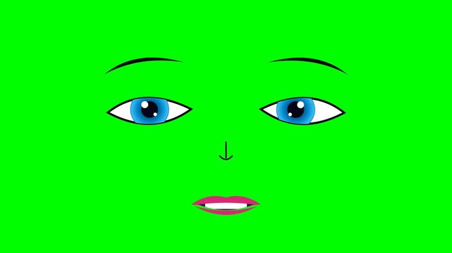 Animated face with blue eyes blinking on solid green background graphic vector style motion character talking for video projects.