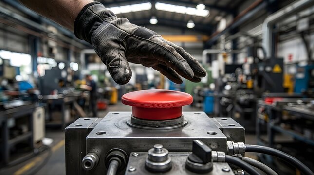 Worker hand pressing a red emergency stop button in a factory workshop