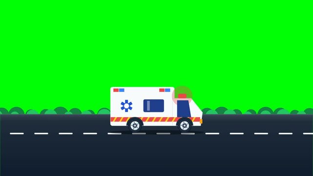 Ambulance driving on empty highway against solid green screen background flat 2d animated footage for emergency medical services.