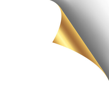 Gold page curl with shadow on transparent background. Vector realistic paper corner turn. Perfect for advertising, banners, sale stickers, and page turn effects.
