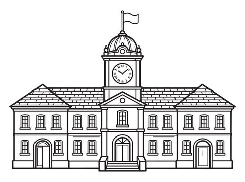 Classical building with clock tower in front view with clean lines and white background for design