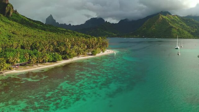 Moorea's serene bay turquoise water, anchored sailboats and white sand beach fringed by a dense palm forest. Towering green mountains creating a dramatic backdrop under a cloudy sky. Aerial view shot