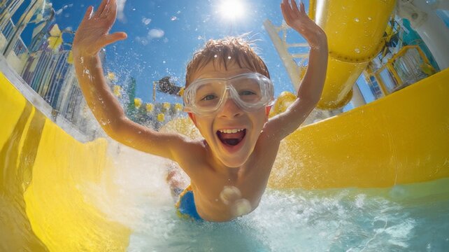 Excited boy sliding down yellow water slide, happy child playing at water park, summer vacation fun at swimming pool