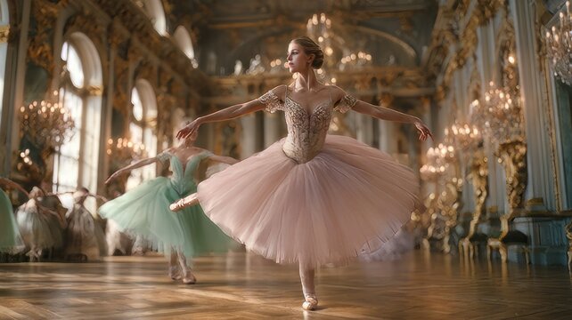 Elegant ballerina in pink tutu dancing in baroque palace, classical ballet performance in ornate gold ballroom, graceful dancer