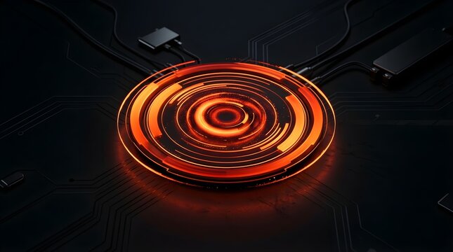 Glowing orange energy circle on dark futuristic digital circuit board