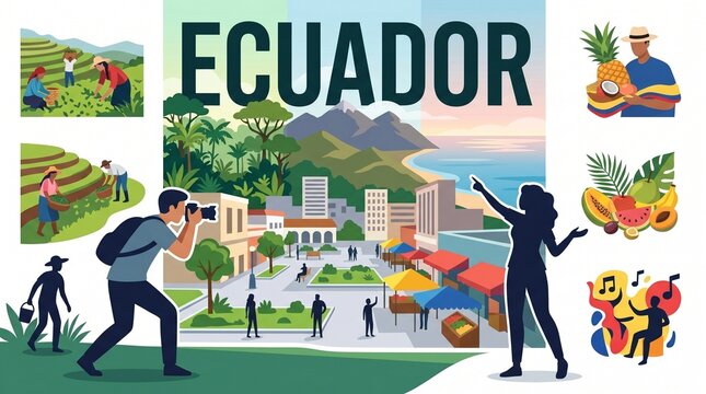 Ecuador Travel Collage Showcasing Culture Agriculture Cityscape Tropical Fruits and Music