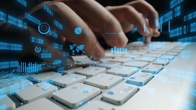 Close-up view of hands typing on a laptop keyboard, surrounded by digital data visualizations, highlighting the integration of technology and information processing in modern life. Xenic