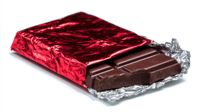Chocolate bar with red and silver foil wrapper rests on a transparent background.