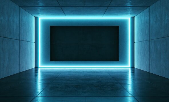 Futuristic tunnel with glowing rectangular frame and concrete walls