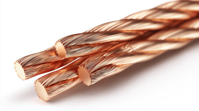 Copper wire cables with twisted strands lie close together on a transparent background.