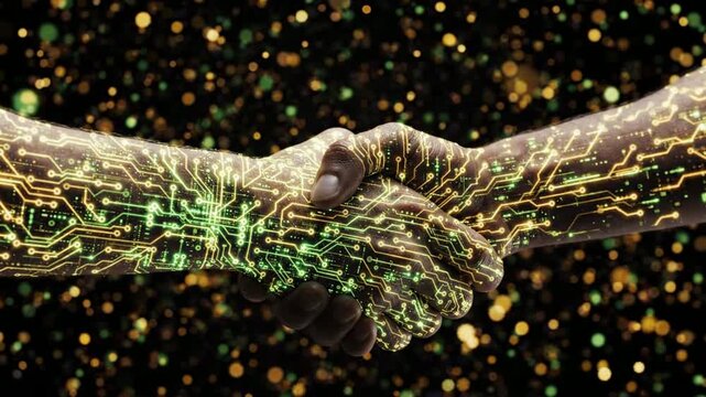 Digital handshake with glowing circuitry network, business partnership and artificial intelligence technology concept