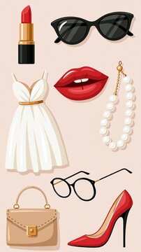  pattern fashionable women's dress, lipstick, lips, glasses, high-heeled shoes, beads