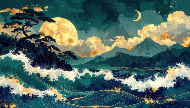 Stylized Japanese ukiyo e style ocean waves crashing dramatically beneath a glowing full moon and distant mountains