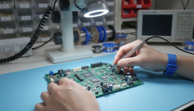 Electrical engineer using fine tweezers to place a surface mount resistor onto a circuit board in a laboratory