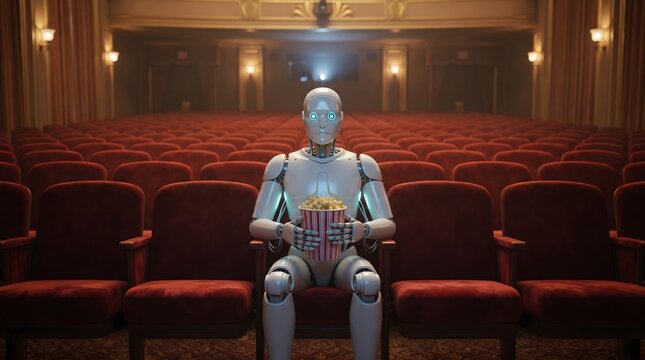 3D humanoid robot sitting alone in empty vintage cinema theater with warm lighting