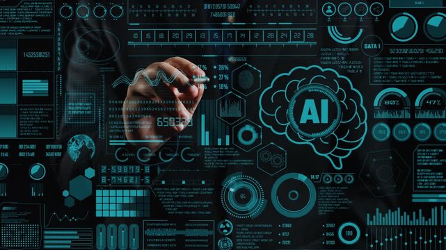 A dynamic representation of data analysis featuring AI graphics, showcasing charts and graphs to illustrate modern technology and innovation in business and research. Cipher