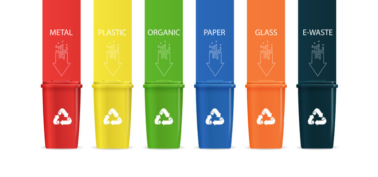 Green recycling bins for paper, plastic, and glass waste sorting. Eco-friendly trash containers vector illustration set for environmental management and garbage collection. Vector illustration