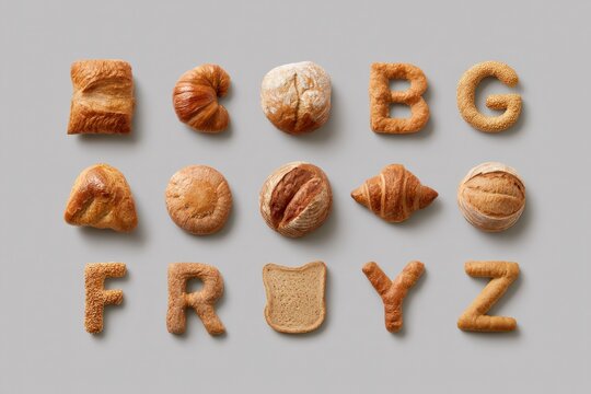 Pastry and bread pieces arranged as alphabet letters on grey background