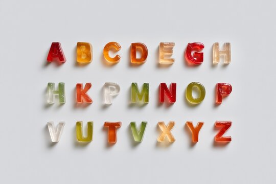 Jelly cube letters arranged in alphabet rows on white background