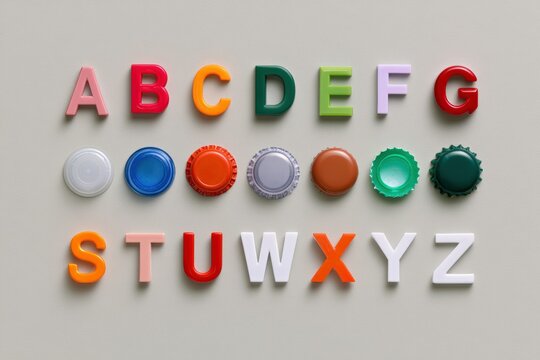 Plastic bottle caps arranged below colorful alphabet letters on grey
